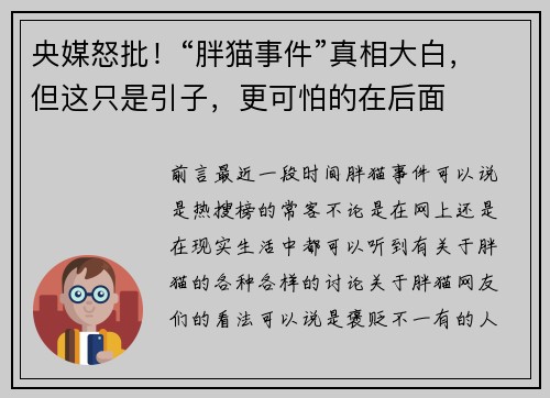 央媒怒批！“胖猫事件”真相大白，但这只是引子，更可怕的在后面