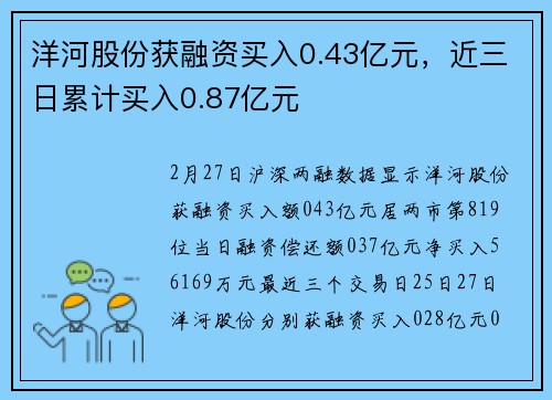 洋河股份获融资买入0.43亿元，近三日累计买入0.87亿元