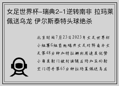 女足世界杯-瑞典2-1逆转南非 拉玛莱佩送乌龙 伊尔斯泰特头球绝杀