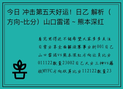 今日 冲击第五天好运！日乙 解析（方向~比分）山口雷诺 ~ 熊本深红
